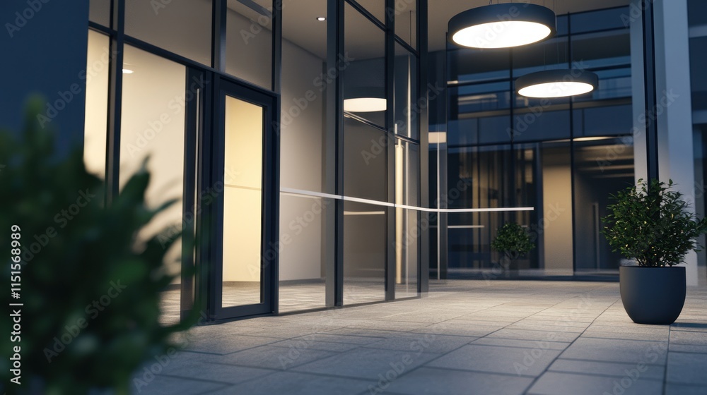 Modern Building Entrance at Night: Architectural Design and Exterior Lighting Modern Building Entrance at Night: Architectural Design and Exterior Lighting