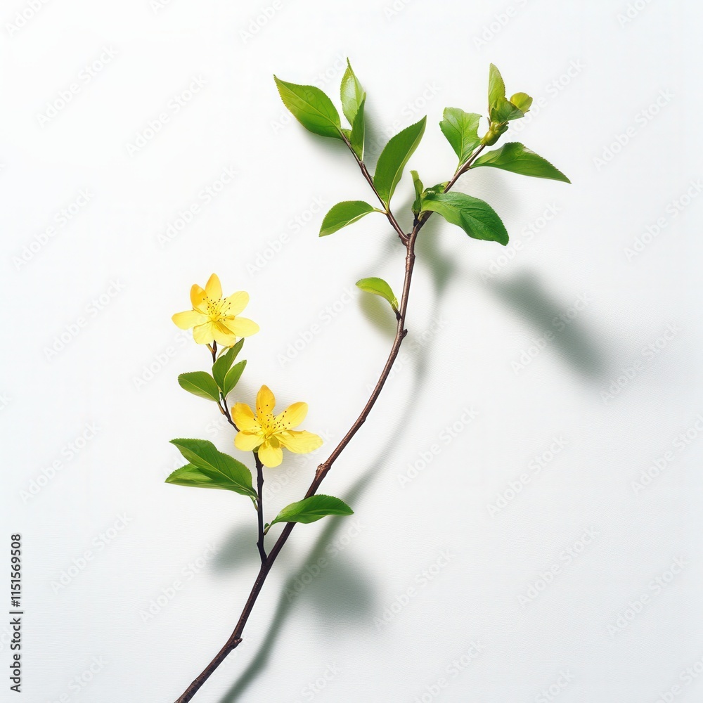 Obraz premium close up of a sprig with yellow flowers and green leaves on a white background