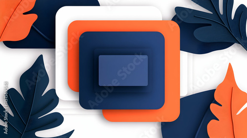 Tropical leaves frame layered squares;  website banner, social media post, advertisement.