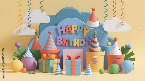 Birthday card with cake, balloons, and festive decorations photo