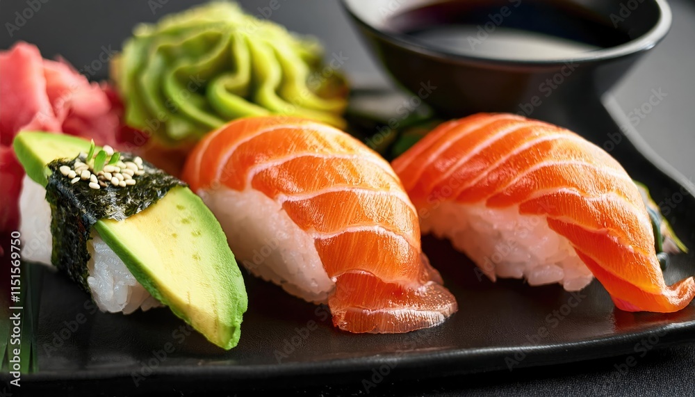Vibrant maki rolls, nigiri, and fresh fish like salmon and tuna, garnished with wasabi and avocado Vibrant maki rolls, nigiri, and fresh fish like salmon and tuna, garnished with wasabi and avocado
