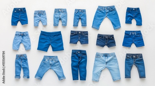 81.Collection of childrenâ€™s blue trousers and jeans in a top-view flat lay, organized on a white background; variety of seasonal styles with comfortable fits, ready for casual or playful outfits. photo