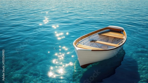 Serene Boat on Tranquil Azure Waters: A picturesque scene of a small white boat gently floating on crystal-clear turquoise water, bathed in the warm glow of sunlight.