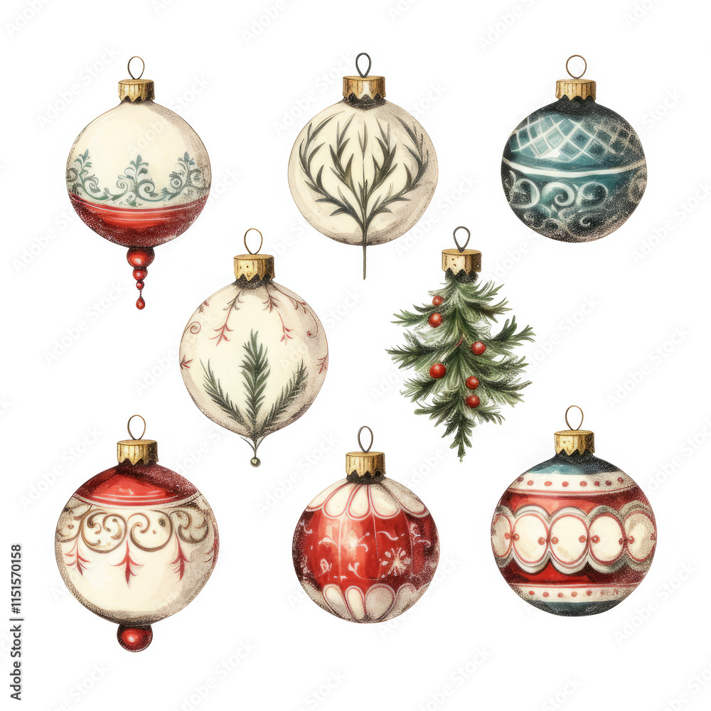 Eight Ornate Christmas Ornaments and a Pine Branch Eight Ornate Christmas Ornaments and a Pine Branch