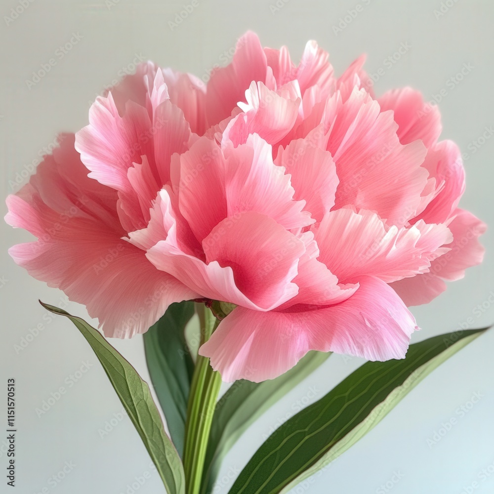 close up of a large pink peony flower with green leaves close up of a large pink peony flower with green leaves