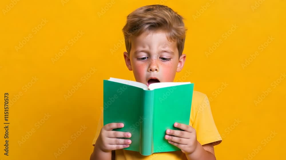 Shocked blond boy wearing a yellow t shirt holding reading a book with an amazed expression on a yellow background Shocked blond boy wearing a yellow t shirt holding reading a book with an amazed expression on a yellow background