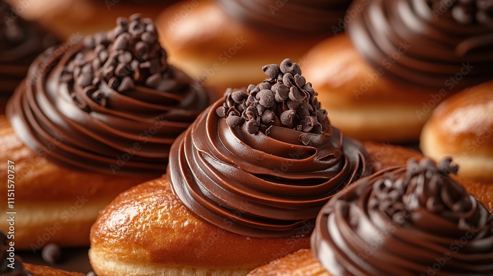 Close-up of multiple chocolate-frosted donuts topped with chocolate sprinkles.