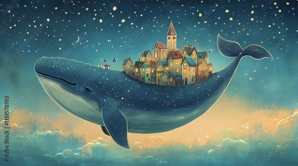 Fototapeta premium Immerse your little one in a whimsical world with this enchanting fantasy print. A colossal blue whale soars through a starry sky, carrying a quaint town on its back