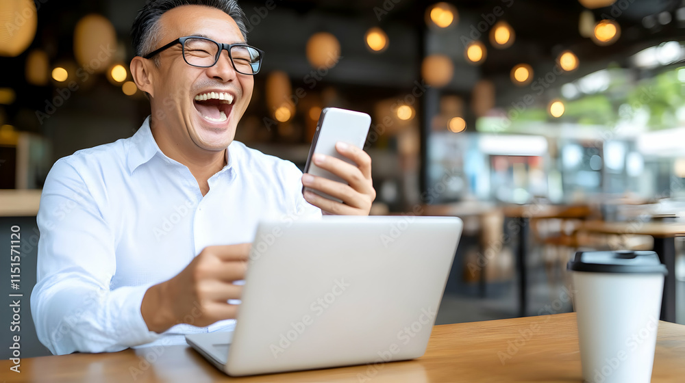 Joyful Man Using Laptop and Phone Joyful Man Using Laptop and Phone