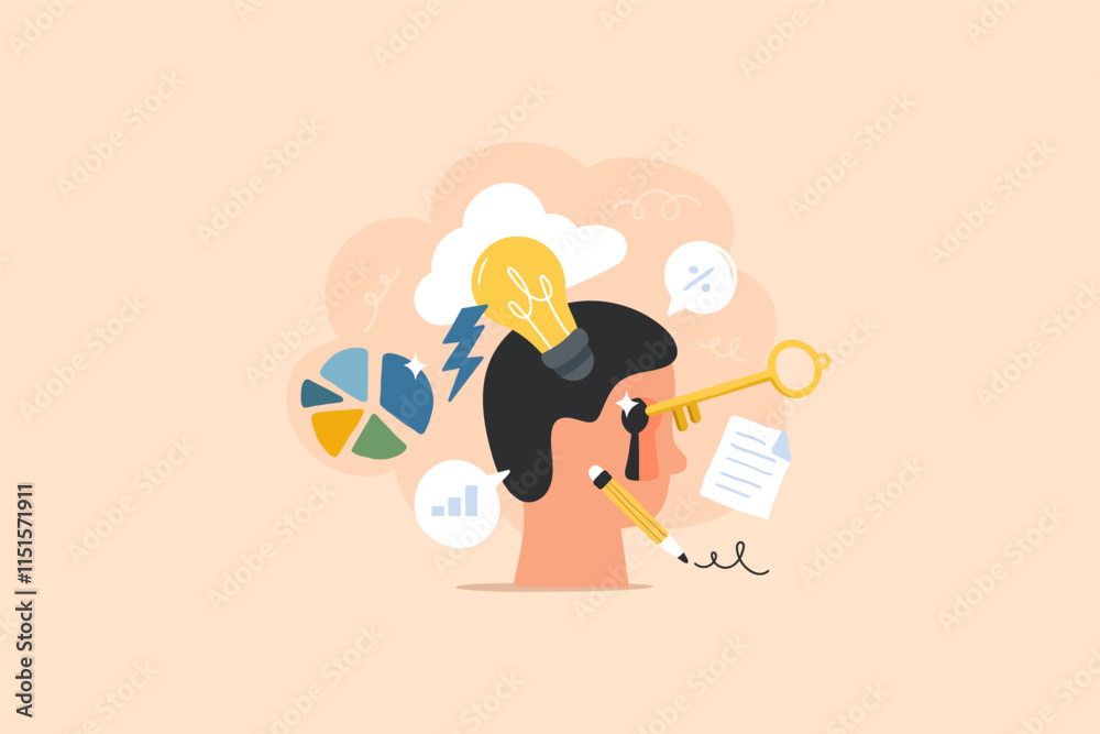 Creative Design Storm, Brain and Thought Illustration. head with a thought bubble featuring a light bulb. Creative Design Storm, Brain and Thought Illustration. head with a thought bubble featuring a light bulb.