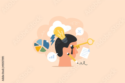 Creative Design Storm, Brain and Thought Illustration.  head with a thought bubble featuring a light bulb.