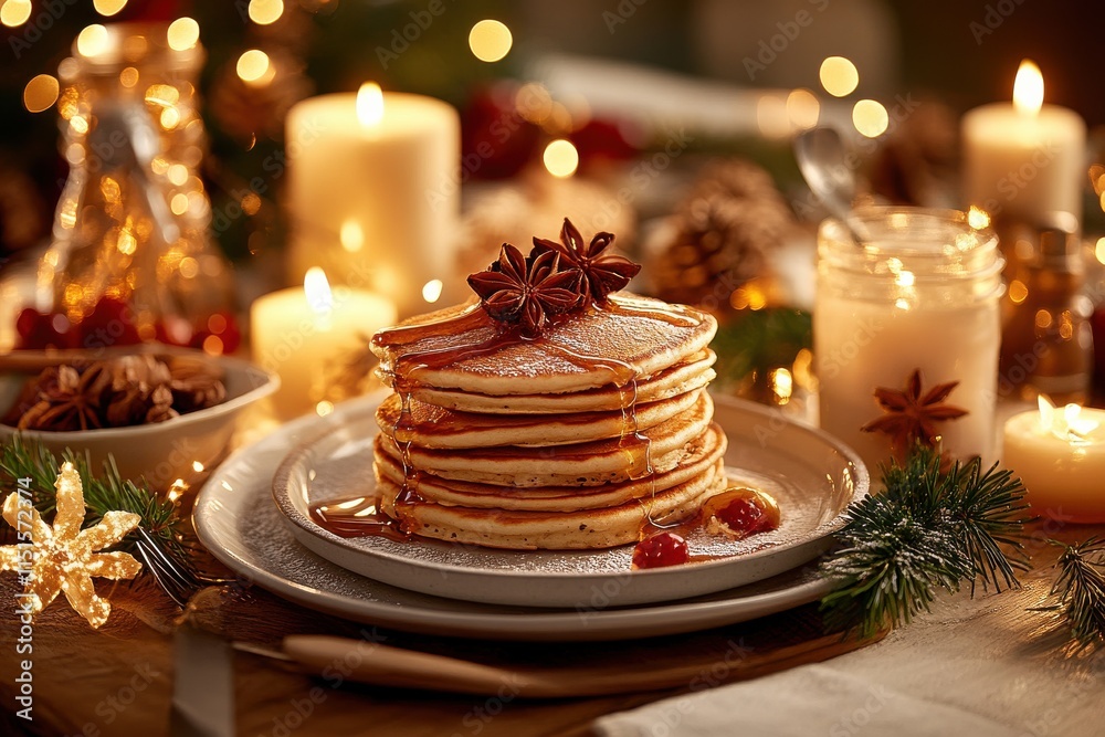 Warm and Cozy Breakfast Table Setup Featuring Stack of Fluffy Pancakes Drizzled with Honey Surrounded by Candlelight and Festive Decorations Warm and Cozy Breakfast Table Setup Featuring Stack of Fluffy Pancakes Drizzled with Honey Surrounded by Candlelight and Festive Decorations