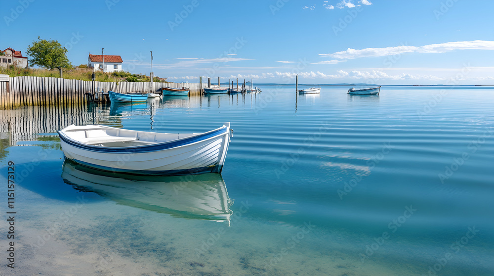 Naklejka premium Calm coastal village harbor with boats, idyllic summer day, tranquil waters, travel postcard.