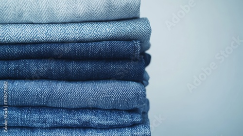 93.Pile of jeans trousers stacked on a white background, showing a range of washes from light to dark blue; the stack highlights the fabric texture and structured fit of each pair.