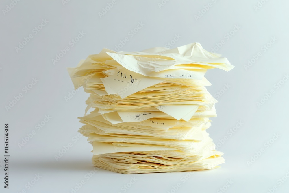 A tall stack of crumpled paper sheets is neatly organized on a light background, showcasing a variety of handwritten notes, ideal for brainstorming or writing projects.