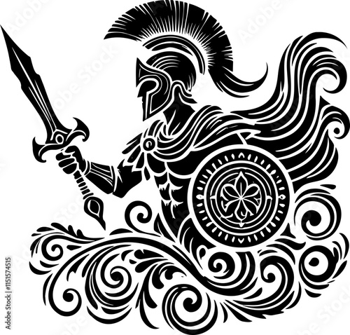 Ancient Warrior with Sword and Shield in Intricate Vector Art Style Suitable for Tattoos and Graphic Design