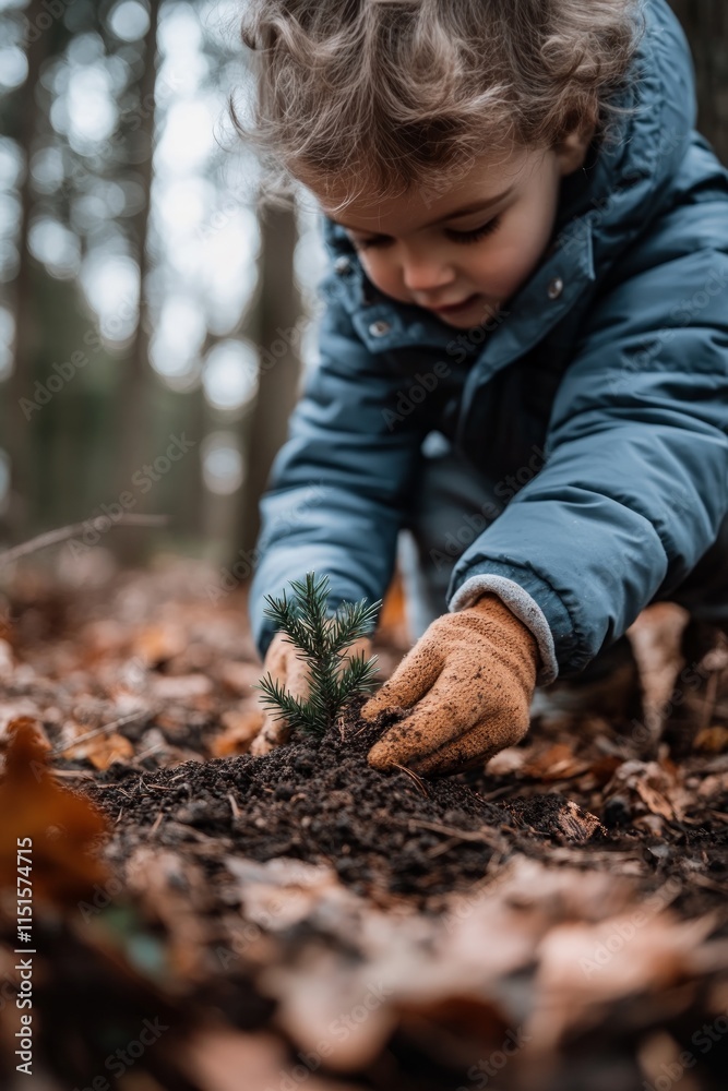 A child with curly hair kneels on the forest floor, gently planting a small tree sapling while surrounded by colorful autumn leaves and tall trees A child with curly hair kneels on the forest floor, gently planting a small tree sapling while surrounded by colorful autumn leaves and tall trees