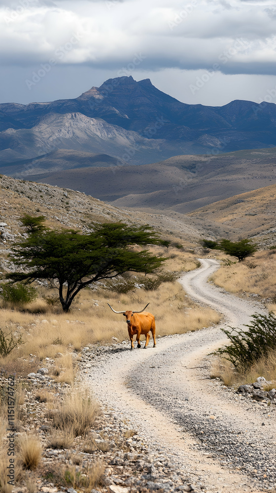 Highland Cow Walking Rural Mountain Road. Highland Cow Walking Rural Mountain Road.