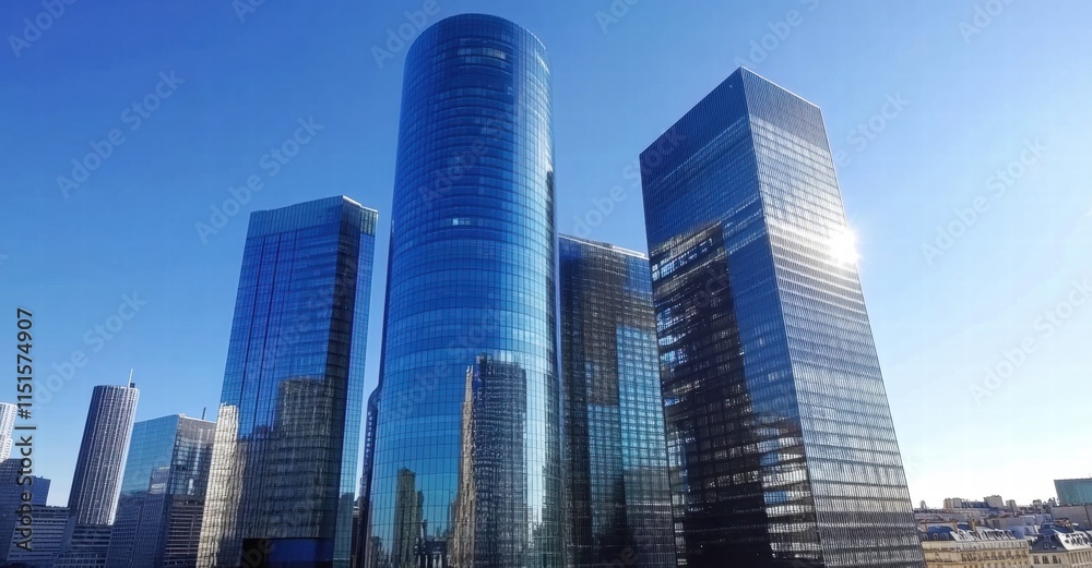 A city skyline with tall buildings and a clear blue sky A city skyline with tall buildings and a clear blue sky