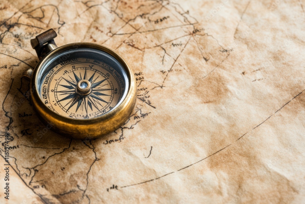 A compass is on a map with a compass needle pointing to the right A compass is on a map with a compass needle pointing to the right