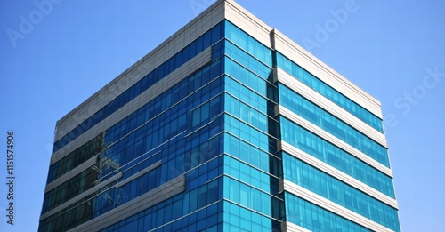 A tall building with a blue tint and a clear sky in the background
