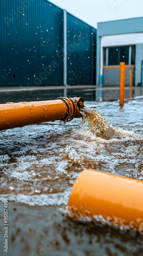 Industrial Flood Drainage Orange Pipes Pumping Water near Factory.