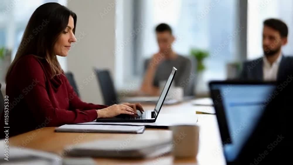 Focused on the Task: A confident businesswoman diligently works on her laptop at her desk, surrounded by colleagues in a modern office setting. Focused on the Task: A confident businesswoman diligently works on her laptop at her desk, surrounded by colleagues in a modern office setting.