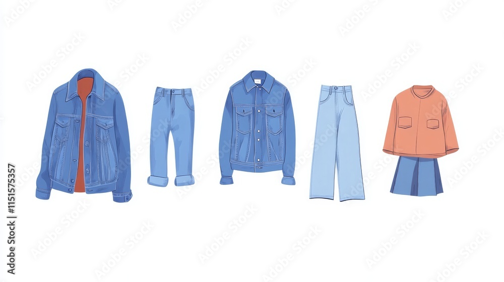 84.Vector set of modern denim clothes in flat illustration style, including a classic jacket, fitted jeans, a button-up shirt, shorts, and a skirt; items isolated with clean detailing, highlighting 84.Vector set of modern denim clothes in flat illustration style, including a classic jacket, fitted jeans, a button-up shirt, shorts, and a skirt; items isolated with clean detailing, highlighting