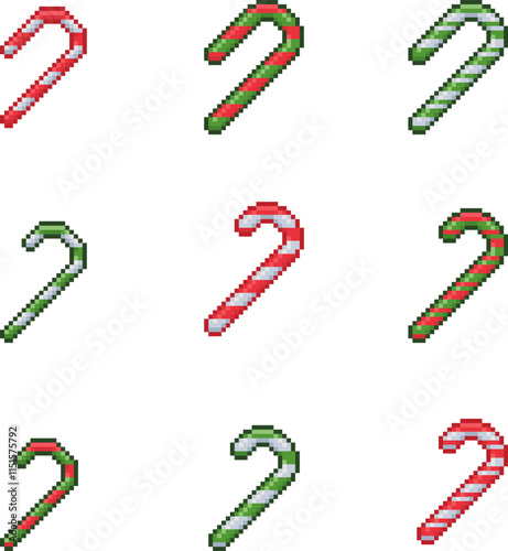 Pixel art candy cane collection. Christmas sweetmeats design embroidery set isolated on a white background.