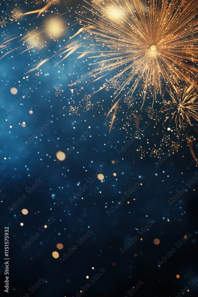 Fototapeta premium Brilliant Golden Fireworks on Night Sky Blurred Background.
