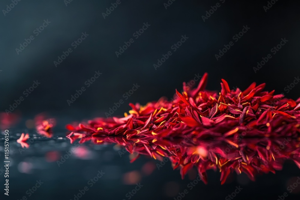 Vibrant Red Saffron Threads Spread on a Reflective Surface Against a Dark Background Highlighting Unique Textures and Rich Colors for Culinary and Artistic Uses Vibrant Red Saffron Threads Spread on a Reflective Surface Against a Dark Background Highlighting Unique Textures and Rich Colors for Culinary and Artistic Uses