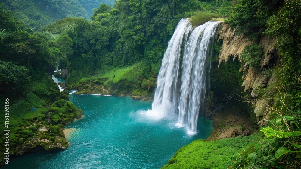 Naklejka premium A stunning view of a waterfall cascading into a turquoise pool, surrounded by lush green vegetation