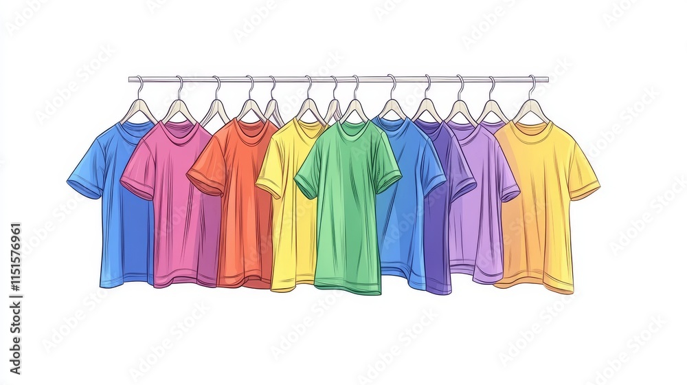 44.Cartoon vector of hanging t-shirts in an array of colors, each on a hanger; clean lines and bright colors, isolated on white, giving a playful, accessible look for clothing store or wardrobe 44.Cartoon vector of hanging t-shirts in an array of colors, each on a hanger; clean lines and bright colors, isolated on white, giving a playful, accessible look for clothing store or wardrobe