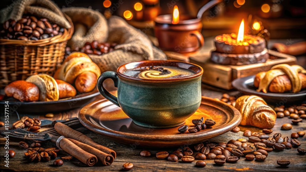 Fototapeta premium Indulge in aromatic coffee, warm pastries, and culinary delights in a cozy bistro setting.