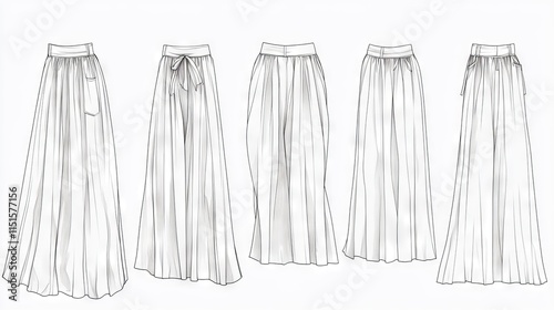 55.Detailed vector set of womenâ€™s palazzo pants flat sketches, displaying multiple styles with unique waistbands, pleats, and pocket details; the wide-leg design in each sketch highlights the airy, photo