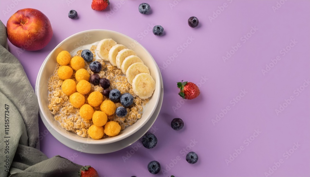 Tasty breakfast with oatmeal, corn balls and fruits on pastel background Tasty breakfast with oatmeal, corn balls and fruits on pastel background