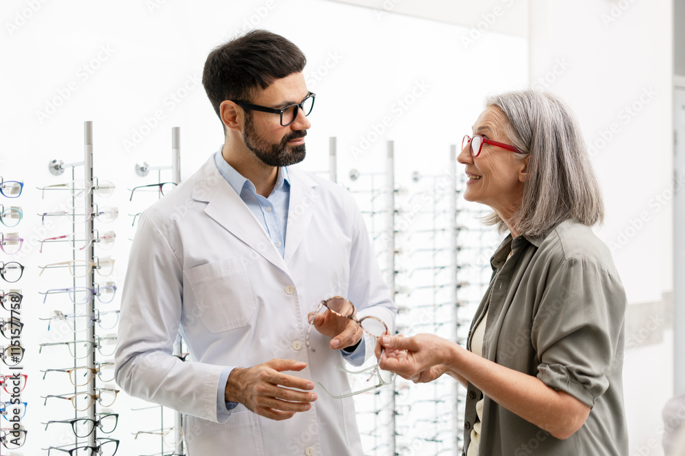 Fototapeta premium Senior woman choosing eyeglasses with optician in optical store
