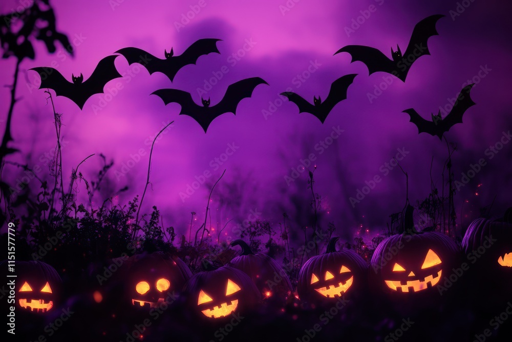 Naklejka premium Spooky Halloween Night with Colorful Pumpkins and Bats Silhouetted Against a Mystical Purple Fog Background