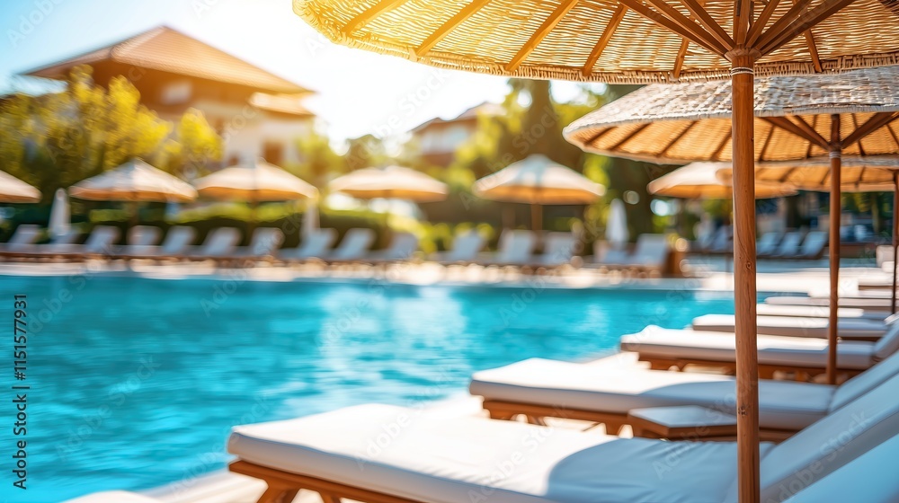Relaxing poolside scene with sun umbrellas and lounge chairs summer getaway vibes resort vacation Relaxing poolside scene with sun umbrellas and lounge chairs summer getaway vibes resort vacation