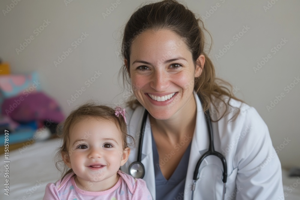 Smiling doctor with stethoscope and young child in a warm environment. Smiling doctor with stethoscope and young child in a warm environment.