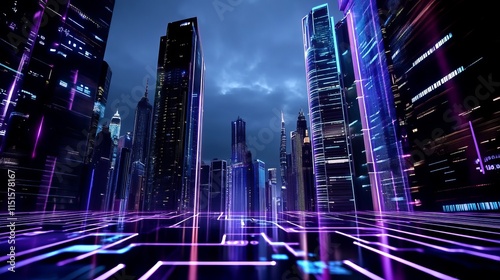 A futuristic cityscape with wireless communication lines and IoT Internet of Things symbols representing a connected urban environment photo