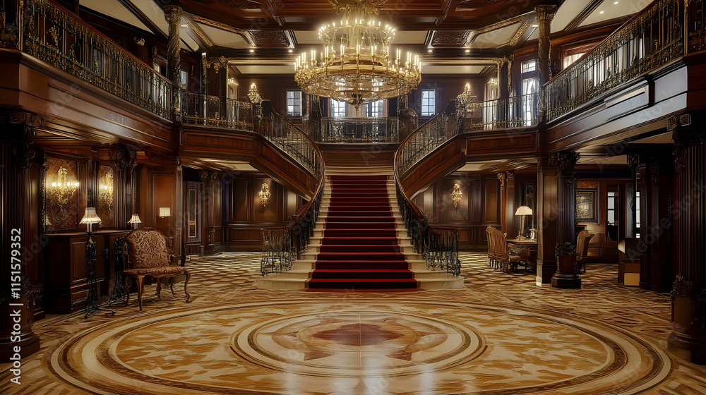 Obraz premium Opulent Mansion Entrance with Grand Staircase and Exquisite Interior Design