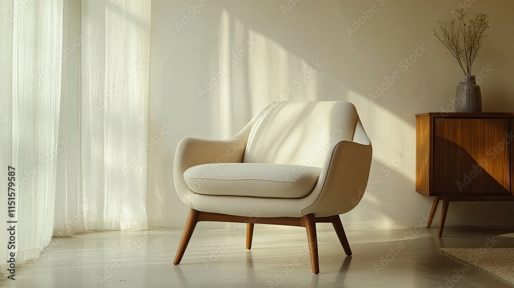Sunlit Serenity: A Modern Armchair Basking in Warm Light beside a Wooden Cabinet