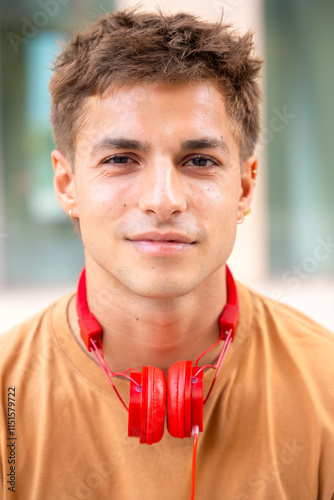 Young Man with Red Headphones and Neutral Expression.Vertical