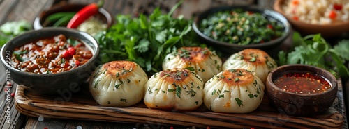 2 Witness the culinary craftsmanship of Khinkali with its tender lamb filling presented on a wooden tabletop enticingly captured from above in high-definition detail inviting you to partake in its 