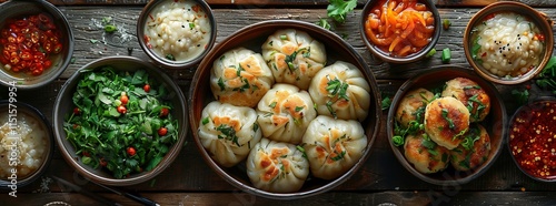 2 Witness the culinary craftsmanship of Khinkali with its tender lamb filling presented on a wooden tabletop enticingly captured from above in high-definition detail inviting you to partake in its 