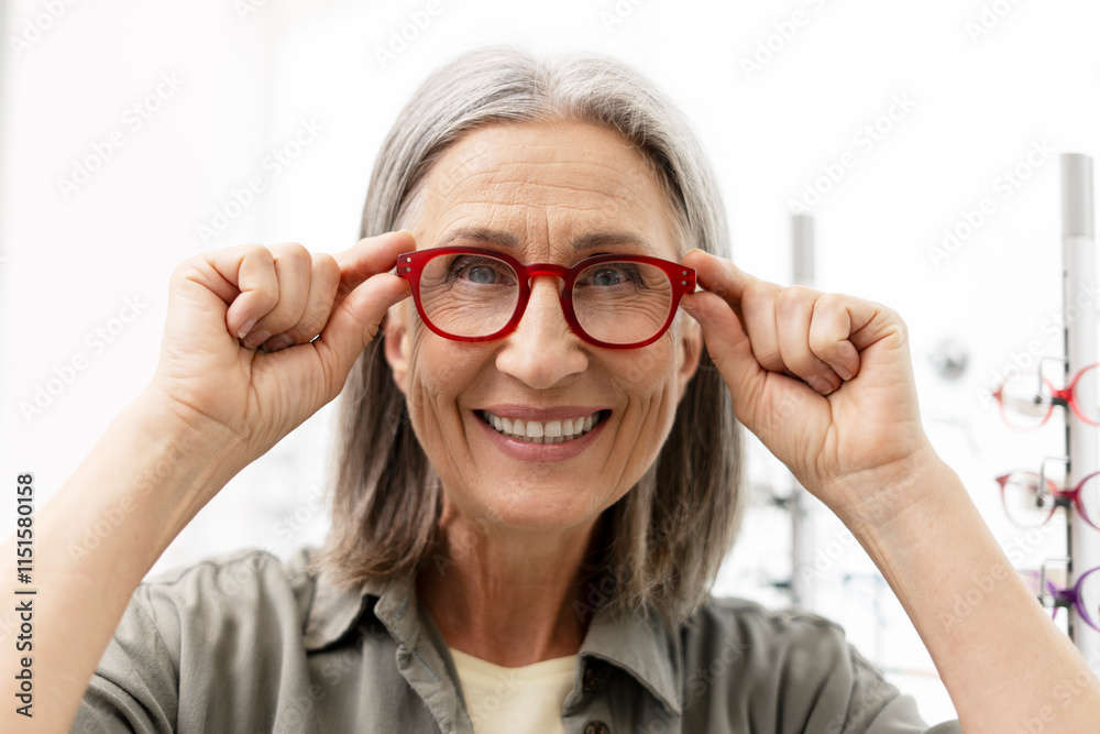 Senior woman trying new red eyeglasses at the optical store