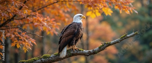 A striking bald eagle sits gracefully on a moss-covered branch, surrounded by the rich colors of autumn leaves, exuding a sense of majesty and freedom. photo