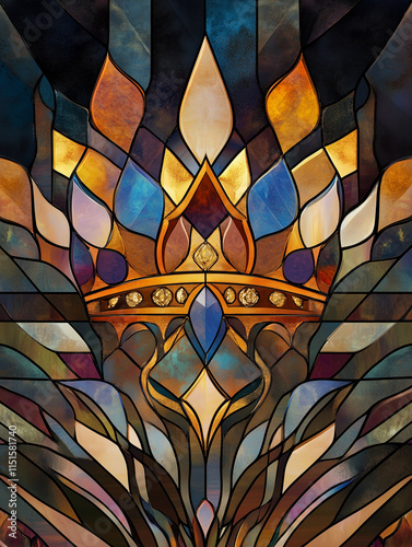 Regal Stained Glass Pattern with a Queen's Crown Centerpiece, Glossy and Jewel-like Reflection