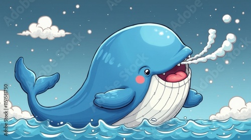 Happy Whale Blowing Water Spouts Cartoon Illustration photo